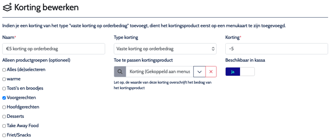 Schermafdruk van dialoogvenster Vaste korting op orderbedrag
